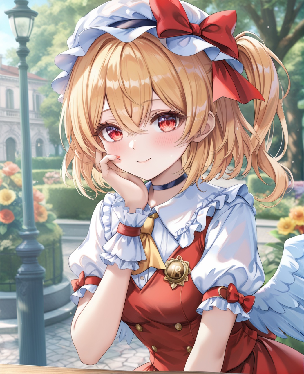 0,jw,Torino,Noyu,1girl, solo, flandre scarlet, blonde hair, hat, mob cap, wings, ascot, outdoors, short sleeves, smile, looking at viewer, yellow ascot, bow, white headwear, one side up, red eyes, wrist cuffs, hand on own face, vest, blush, red vest, puffy sleeves, puffy short sleeves, upper body, crystal, shirt, bangs, frills, red bow, day, closed mouth, white shirt, tree, choker, hair between eyes, short hair, hand on own cheek, sky, hat bow, blurry, blurry background, hand up, red skirt, skirt, frilled shirt collar,(UHD),anatomically correct,accurate,textured skin,super detail,high details,award-winning,best quality,high quality,retina,16k,HD,1080P,8k,