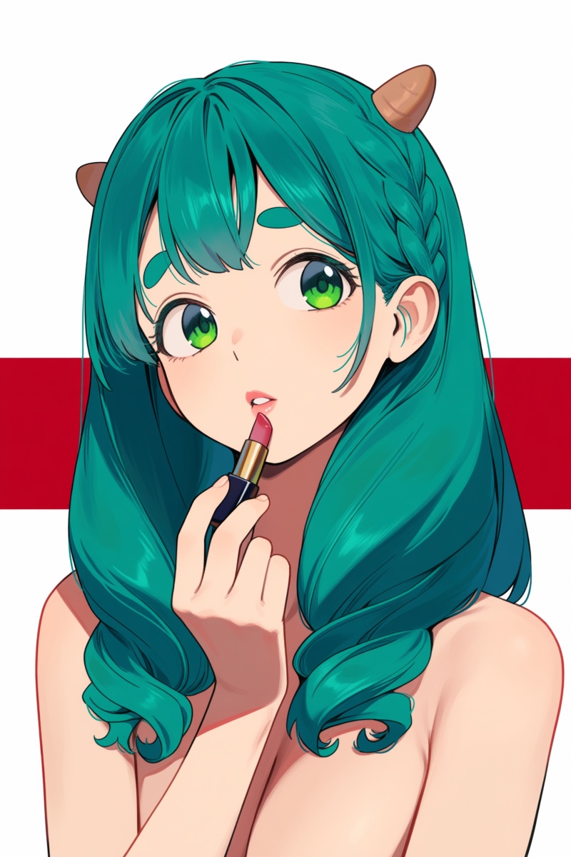 @smnlsst,  The image is a digital illustration of a young woman with teal green hair,  styled in loose curls and braids. S...