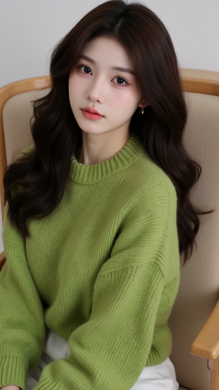 1girl,the image is a high-resolution photograph featuring a young woman seated on a beige upholstered armchair with a light wooden frame. she has a fair,smooth complexion and long,wavy,dark brown hair cascading over her shoulders. her facial features are delicate,with a small nose and a slightly rounded face. she is gazing directly at the camera with a contemplative expression,her eyes accentuated with subtle makeup,and her lips slightly parted.,she is wearing a cozy,chunky knit sweater in a vibrant,slightly muted green color,which appears to be made from a soft,textured yarn. the sweater has long sleeves and a high neckline.,