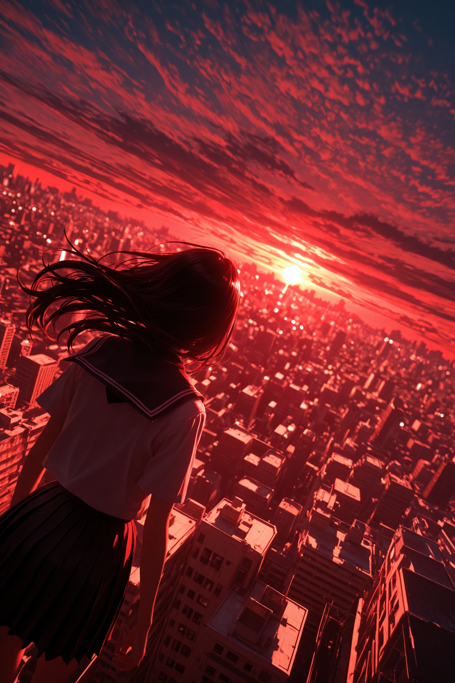 1girl,city,scenery,(dutch angle:1.1),(dynamic angle:1.1),(diagonal angle:1.1),(glossy surfaces:1.1),(enthusiasm:1.1),(masterful shading:1.1),(foreshortening:1.4),dramatic light,cinematic shadows,film grain,cinematic lighting,Depth of field,blurred background,solo,sunset,red theme,chromatic aberration,dark,black hair,from below,floating clothes,wide shot,skirt,depth of field,cloud,long hair,pleated skirt,building,perspective,school uniform,blurry,short sleeves,skyline,wind,outdoors,.,