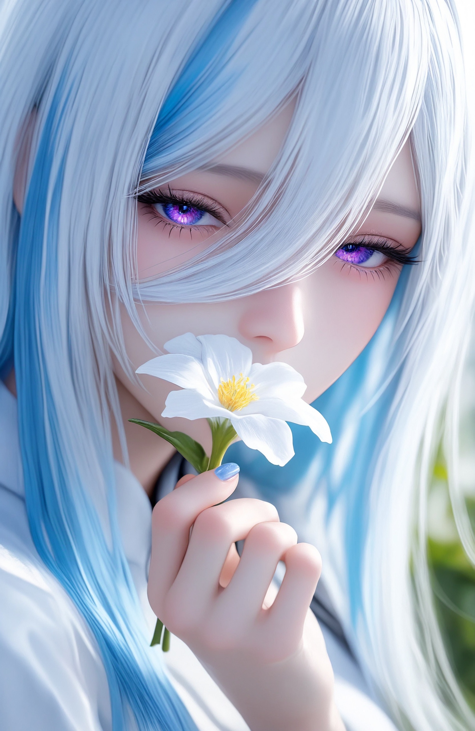 masterpiece, best quality, newest, 10 4angel, 1girl, looking at viewer, holding a flower, blue hair, white shirt, nail polish, purple eyes, blue eyes, eyelashes, long sleeves, white hair, hand up, hair between eyes, half-closed eyes