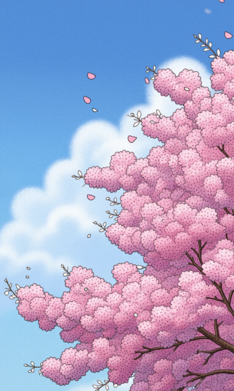 oil painting, Cherry blossoms, Sky (blue), Flowers (pink), Natural scenery, Fresh and clean, Cherry blossom tree, Springtime, Beautiful landscape, Sunlight, Warm atmosphere