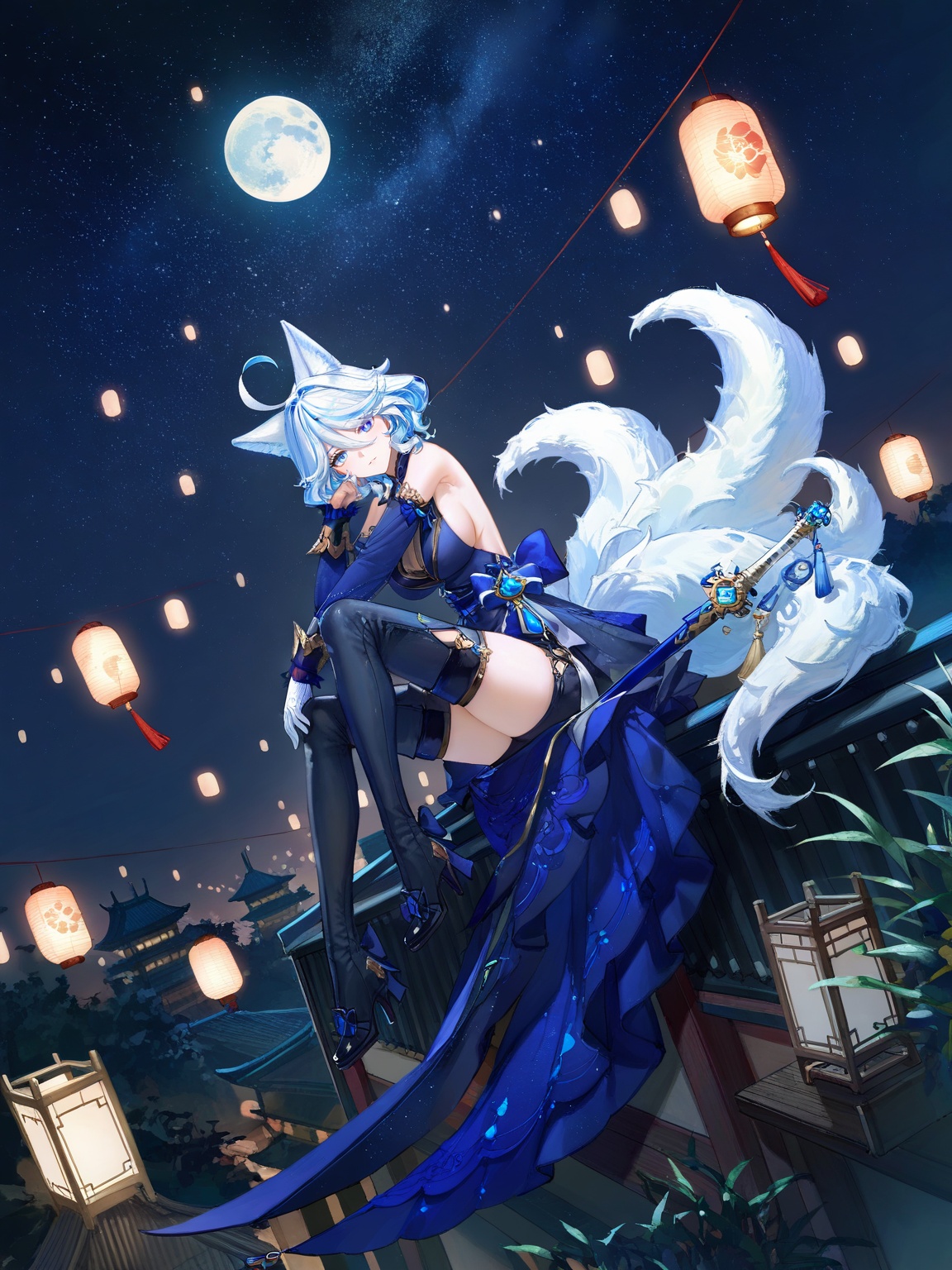 FURINA\(genshin impact\),blue eyes,ahoge,blue hair,heterochromia,bangs,hair between eyes,multicolored hair,white hair,light blue hair,medium hair,looking_at_viewer,<lora:碧蓝航线立绘12·ILL:0.8>,lihui,1girl,multiple tails,tail,animal ears,thigh boots,breasts,fox ears,official alternate costume,boots,fox tail,night,sideboob,thighhighs,solo,sitting,moon,kitsune,looking at viewer,sky,lantern,night sky,kyuubi,high heels,fox girl,large breasts,full body,black footwear,black thighhighs,star \(sky\),blue dress,dress,full moon,sheath,thighs,high heel boots,starry sky,white tail,63,(quasarcake:0.7),(dutch angle:1.1),from_above,