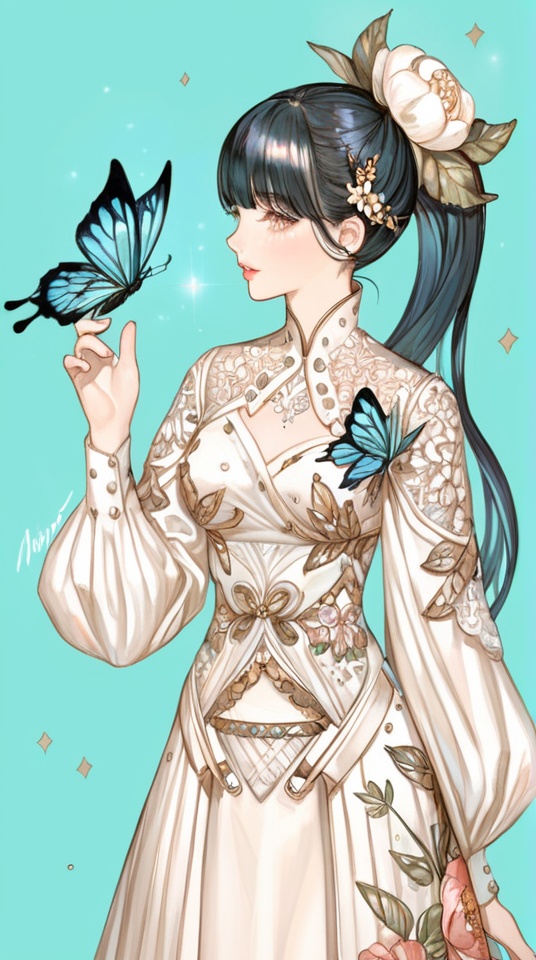 (best quality), ((masterpiece)), (highres), illustration, original, extremely detailed, <lora:NO Name Art:0.7>1girl, butterfly, bug, solo, flower, hair ornament, dress, long hair, ponytail, hair flower, floral print, black hair, long sleeves, hand up, bangs, signature, blue butterfly, blue background, blunt bangs, puffy sleeves, parted lips, simple background, puffy long sleeves, sparkle, white dress, butterfly on hand, aqua background, profile