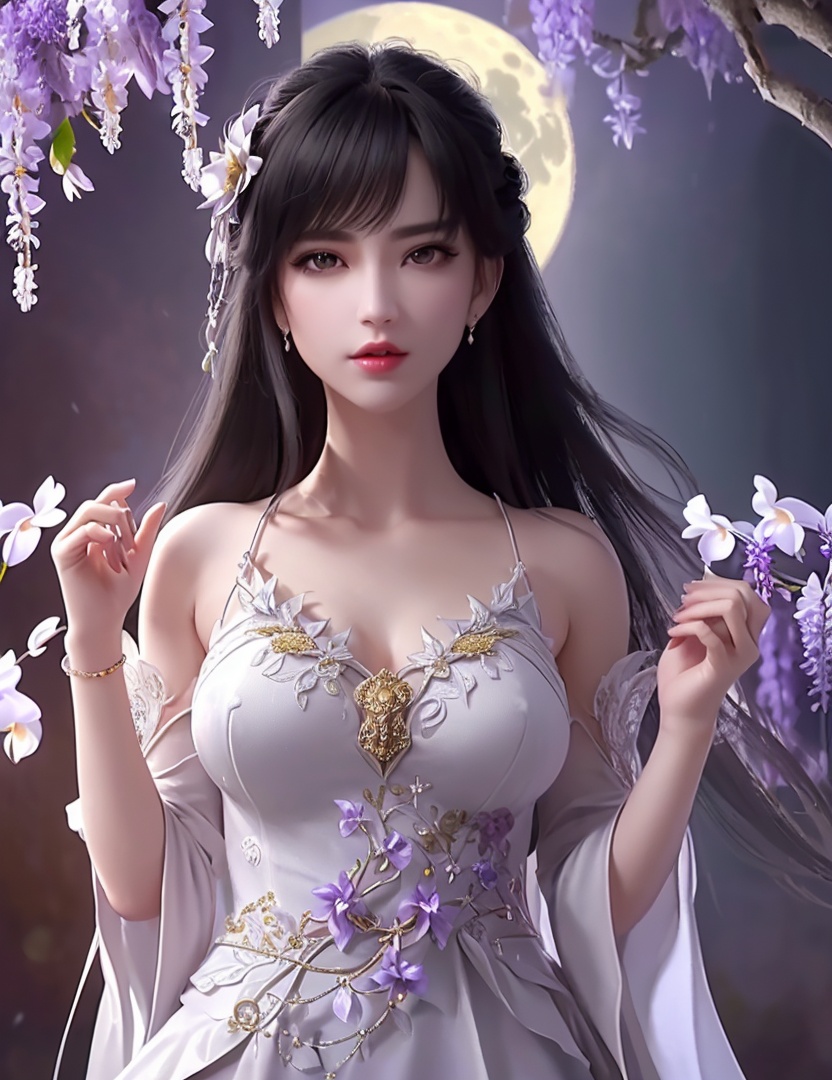 ultra realistic 8k cg, picture-perfect face, flawless, clean, masterpiece, professional artwork, famous artwork, cinematic lighting, cinematic bloom, perfect face, beautiful face, fantasy, dreamlike, unreal, science fiction,   lace, lace trim, lace-trimmed legwear,  (rich:1.4), prestige, luxury, jewelry, diamond, gold, pearl, gem, sapphire, ruby, emerald, intricate detail, delicate pattern, charming, alluring, seductive, erotic, enchanting, hair ornament, necklace, earrings, bracelet, armlet,halo((,1girl, pov,))(((1girl, jewelry, solo,breasts, looking_at_viewer,  outdoors,  full moon,  upper body, wisteria, chloris garden,  cherry blossoms, )))    <lora:DA_YueChanTeen:0.6>