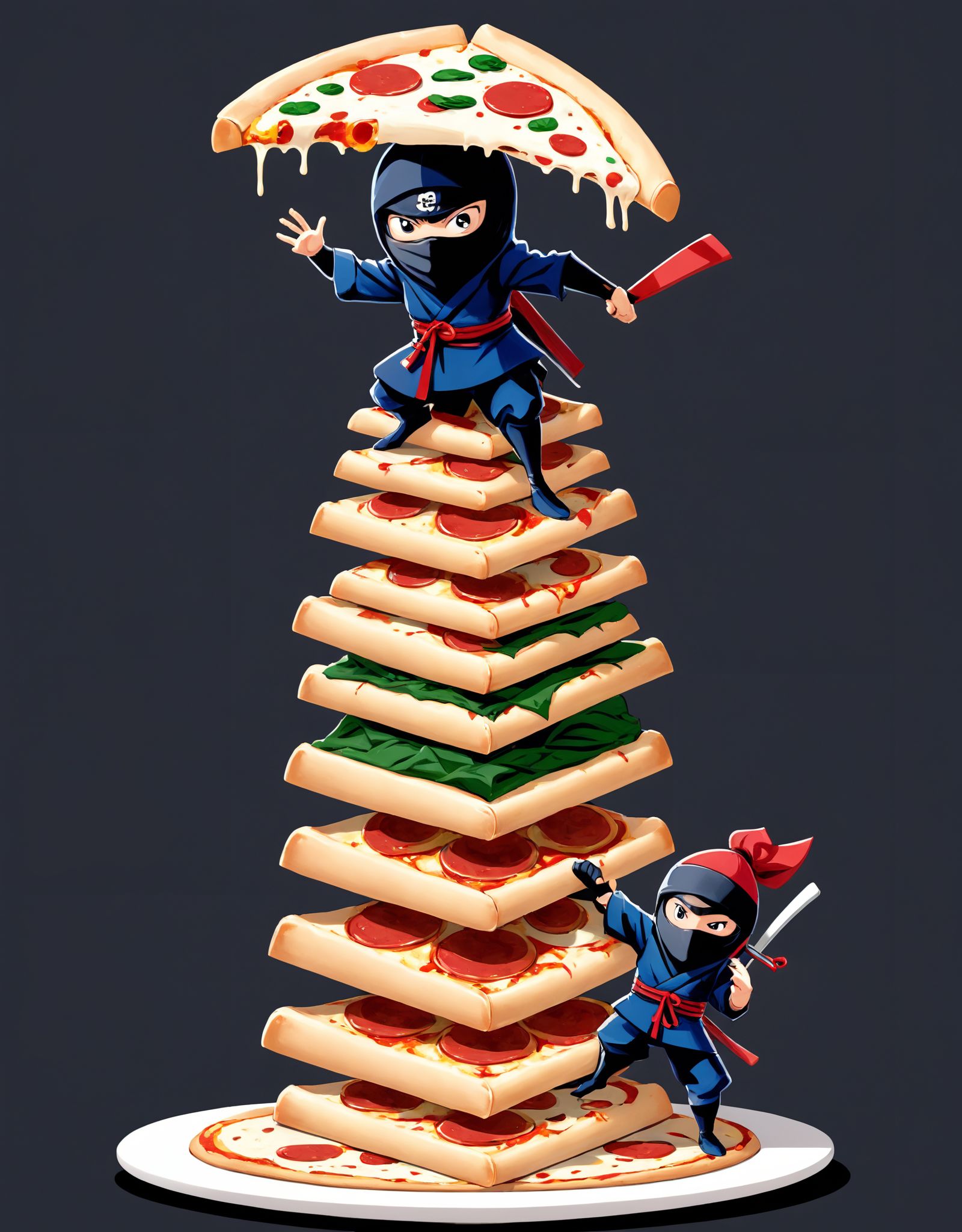 Illustration of a unique fusion between a pizza slice transformed into a leaning tower and a ninja character dressed in tr...