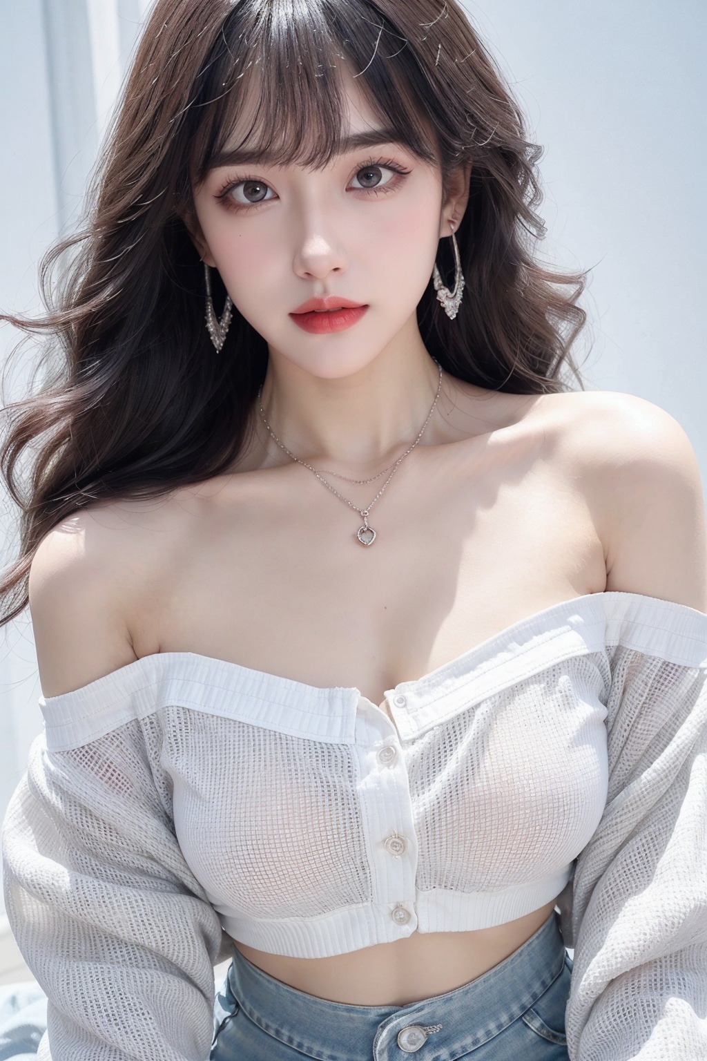 1girl, bangle, bare shoulders, bracelet, breasts, cleavage, collarbone, crop top, ear piercing, earrings, grey eyes, jewelry, long hair, looking at viewer, medium breasts, midriff, necklace, off-shoulder shirt, off shoulder, piercing, shirt, skirt, solo, white hair <lora:女:0.66>