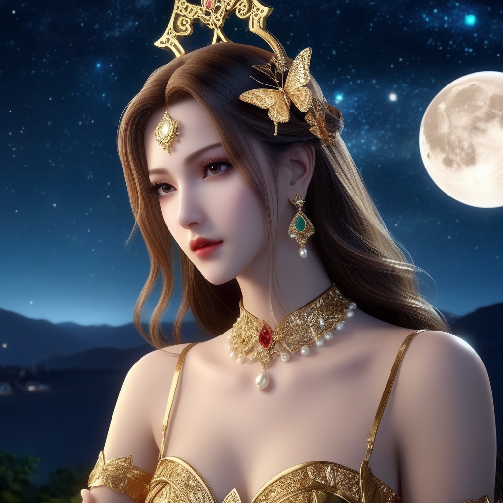 <lora:846-DA-XL-武庚纪-天使圣王:0.8>, (,1girl, ,best quality, ),,masterpiece(,1girl,night, starry sky, milky way,outdoors, full moon,  night sky, darkness,  world of darkness, , ) ,ultra realistic 8k cg,   clean, masterpiece,     (( , )),, , , prestige, luxury, jewelry, diamond, gold, pearl, gem, sapphire, ruby, emerald, intricate detail, delicate pattern, charming, alluring, seductive, erotic, enchanting, hair ornament, necklace, earrings, bracelet, armlet,halo((, )), (), butterfly,