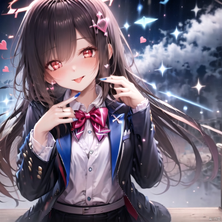 1girl, solo, long hair, looking at viewer, blush, smile, bangs, skirt, brown hair, shirt, black hair, hair ornament, red eyes, long sleeves, white background, bow, ribbon, very long hair, jacket, white shirt, heart, open clothes, tongue, collared shirt, hand up, tongue out, bowtie, black skirt, nail polish, open jacket, black jacket, head tilt, book, sparkle, v, halo, blue bow, blazer, red nails, :p, pink nails, blue bowtie, book stack<lora:EMS-302518-EMS:0.700000>, <lora:EMS-314300-EMS:0.500000>, <lora:EMS-352812-EMS:0.300000>