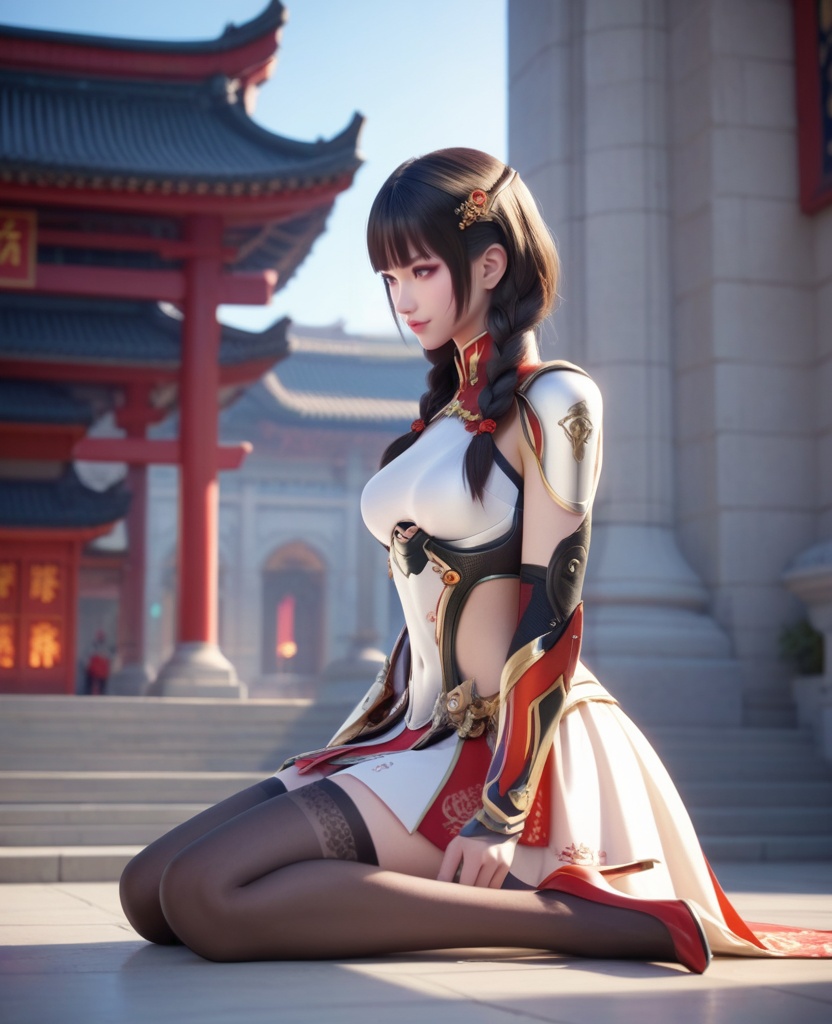 (oriental architecture, elegant decor, sophisticated style:1.1),(Sitting, on the ground with knees pulled to the chest,:1.1),(breasts:1.2),<lora:XL16穿越火线乔月:0.95>,miss qiaoyue,kevlar-orange boobplate,brown eyes,blunt bangs,black hair,front braided twin pigtails,hair ornament,pauldrons,arm guards,kevlar-orange abdomen armor panel,asymmetrical thighhighs with volt-orange and black,thigh holster,thigh strap,high heels,white overskirt,, score_9,score_8_up,score_7_up,score_6_up,score_5_up,score_4_up,3d rendering,tag1,tag2, Cinematic Lighting,backlighting,, zPDXL3, zPDXL2,zPDXL, zPDXLxxx, zPDXLrl,