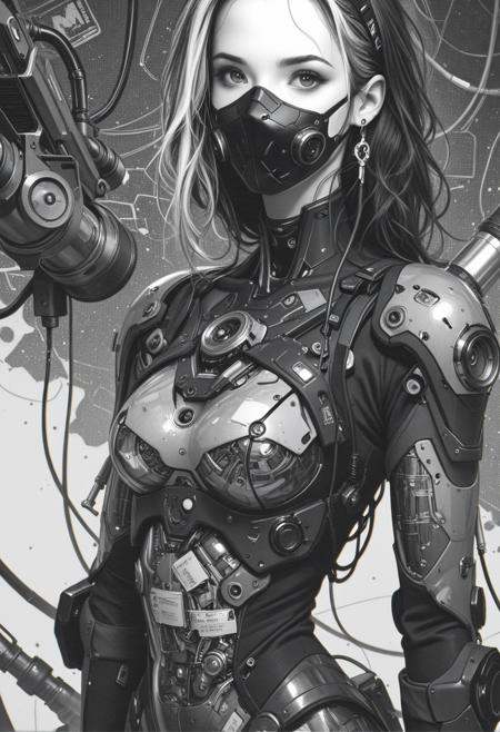 (hypersexualized, erotic, suggestive, intimate, provocative), 1girl, (detailed eyes), (pretty face), (detailed face), photo-realistic, realistic skin, realistic textures, detailed skin, photorealistic, ultrarealistic, 8k, A black and white, comic book style illustration from a portrait camera angle about a futuristic female character with a cybernetic appearance, wearing a mask and mechanical armor, standing confidently in the middle of the image. the subject, a woman with pale skin and long, wavy hair, is positioned in the center of the frame, facing the viewer with a serious expression. she is wearing a black mask covering her mouth and has a slim, robotic body with intricate details, including mechanical parts and cables. her hair is styled in a messy, messy manner, and she is holding a gun in her right hand. the background is a textured, industrial setting with pipes and machinery, giving the image a sci-fi, cyberpunk aesthetic. the woman's body is covered in a form-fitting, metallic bodysuit that accentuates her large breasts and the intricate details of her mechanical parts. the overall effect is one of strength and power, with a focus on the character's futuristic design and intricate details. 1girl, solo, mask, mouth mask, looking at viewer, monochrome, cable, cyborg, cyberpunk, earrings, rating:general, mechanical parts, greyscale, science fiction, weapon, breasts, jewelry, rating:sensitive, upper body, armor, tube, score_9, score_8_up, score_7_up