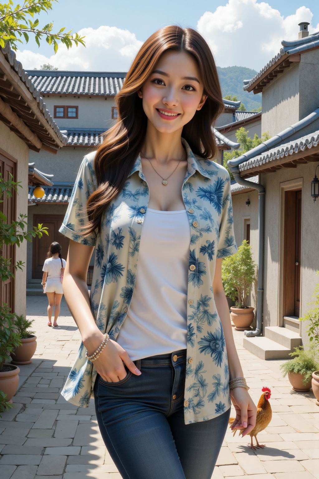 1 woman, an inner shirt with a patterned short - sleeved shirt over it, wearing casual pants that show off her figure. The overall look is fashionable and harmonious. There are bracelets on her wrists and a thin necklace around her neck. In the background is a simple rural courtyard with low gray walls. Houses with blue - tiled roofs are scattered in an orderly manner. The traditional red tiles on the roofs show signs of wear. The wooden doors and windows look a bit shabby. There are people, fruit trees, and poultry around. The woman has a natural expression, a warm smile, and gentle eyes facing the camera. Rich facial details, delicate clothing texture, detailed rural courtyard scene, high resolution, clear focus, digital painting, concept art, by greg rutkowski, artgerm, alphonse mucha, best quality,masterpiece