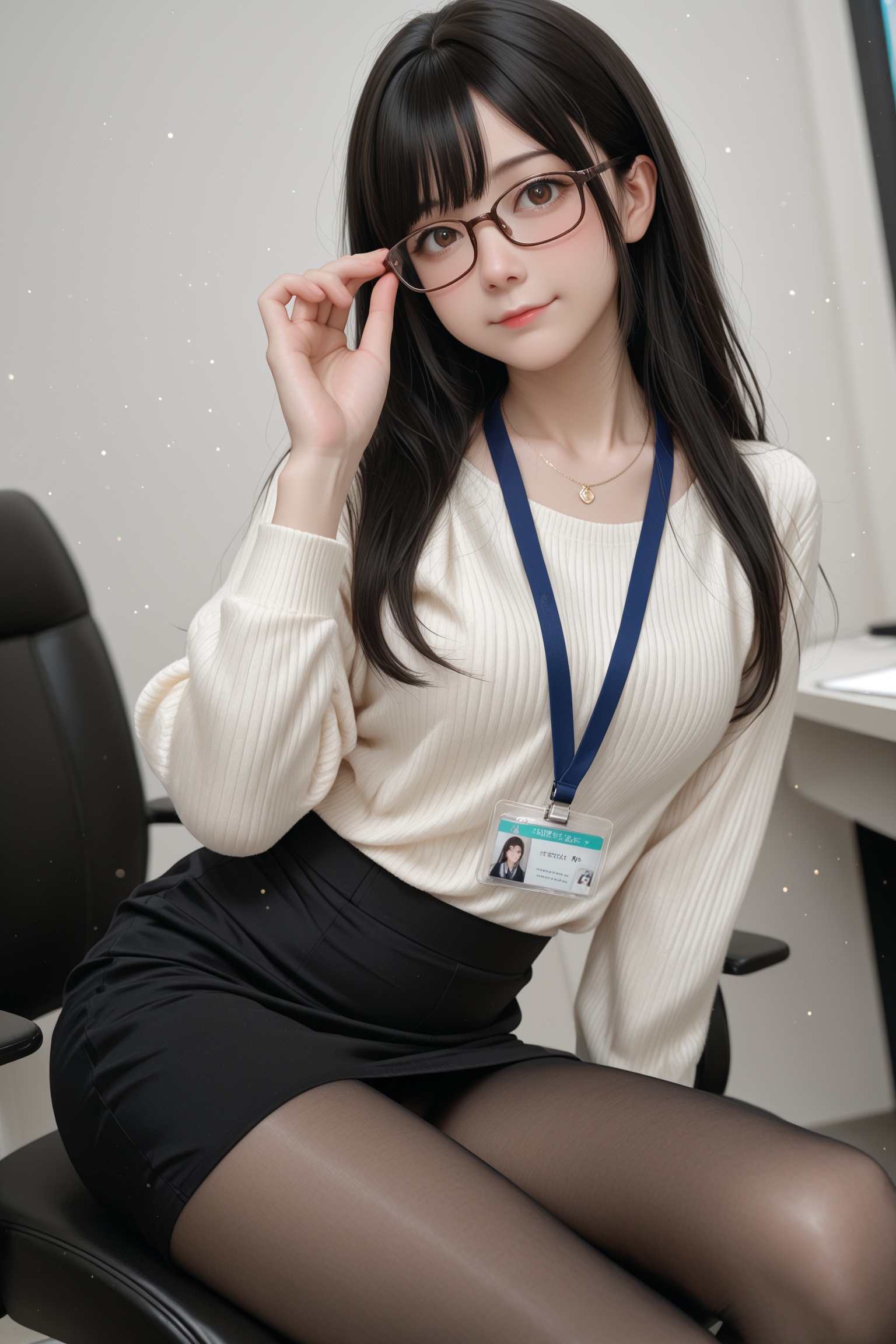1girl,solo,adjusting eyewear,lanyard,pantyhose,glasses,looking at viewer,black hair,long hair,skirt,sweater,id card,jewelry,indoors,office lady,black skirt,realistic,necklace,brown eyes,pencil skirt,long sleeves,closed mouth,sitting above the office,sitting in an office chair,extreme aesthetic,in the style of fashion photography,light particles,Visual impact,sharp focus,Emotionalization,impactful picture,depth of field,dynamic pose,dutch angle,kind_smile,