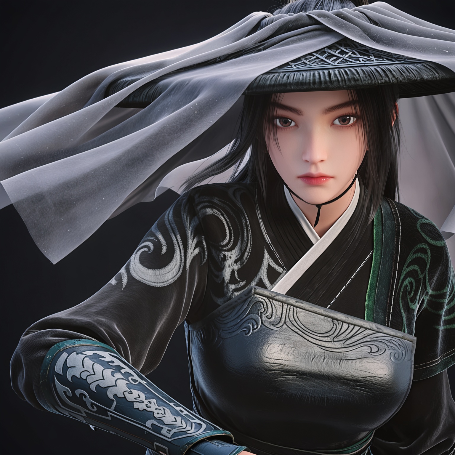 <lora:YQponyningyao_heiyiV4:0.8>,solo,1girl,black_hair,long_hair,armor,realistic,ponytail,chinese_clothes,long_sleeves,black_eyes,brown_eyes,arm_guards,hat,1boy,high_ponytail,veil,brown_hair,boots,jewelry,short_hair,hair_bun,breastplate,black_headwear,kimono,black_footwear,hanfu,layered_sleeves,pants,vambraces,BREAK score_9,upper_body,portrait,shiny_skin,looking at viewer,cinematic lighting,volumetric lighting,solo focus,(huge breasts:0.9),(simple background,pure black background,black background:1.1),