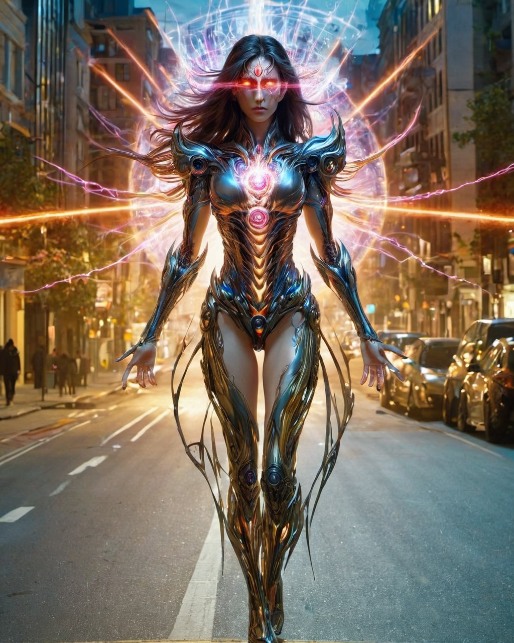 gmlm, A girl with gamma ray eyes standing on the street, with a full body picture and a tall figure,<lora:gmlmSDXL-000014:0.9>(e
