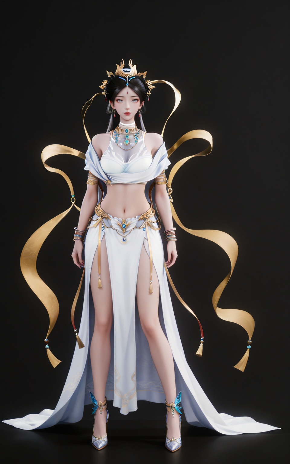 masterpiece,high quality,tall,game cg,highres,(white_skin:0.6),(shiny_skin:0.6),(realistic:1.1),looking_at_viewer,lvjing,black_background,simple background,<lora:瑶池圣女ILL:0.8>,black hair,long hair,grey eyes,hair_bun,hair_ornament,earrings,necklace,sash,forehead_jewel,crop_top,midriff,navel,see-through cleavage,1girl,solo,bracelet,white skirt,high_heels,full body,