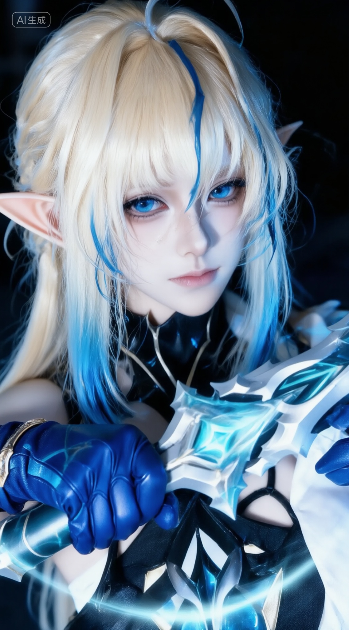 a photo-realistic shoot from a close-up camera angle about a fantasy character with striking features and long hair,wearing blue gloves and holding a stylized weapon,the image also shows a young woman with pale skin,blue eyes,and blonde hair styled in a long hair with blue highlights,she has pointed ears and is wearing a black and white outfit with blue accents,she is positioned in the middle of the image,looking directly at the viewer with a serious expression,the background is dark and blurred,focusing attention on the subject,the lighting is soft and diffused,creating a dramatic effect,and the image has a high-quality,jpeg artifacts,, Negative prompt: ng_deepnegative_v1_75t,(badhandv4:1.2),EasyNegative,(worst quality:2),,nsfw, Steps: 30, Sampler: Euler, CFG scale: 4.0, Seed: 188315308, Size: 1142x2048, Model hash: 9768b098f7, Model: ZOZ_v1.0.safetensors, Denoising strength: 0, RNG: CPU, Lora 1: ZOZ_半厚涂特效~人像, Lora Hash 1: 36836624eb, Lora Weight 1: 0.8, vae_name: automatic