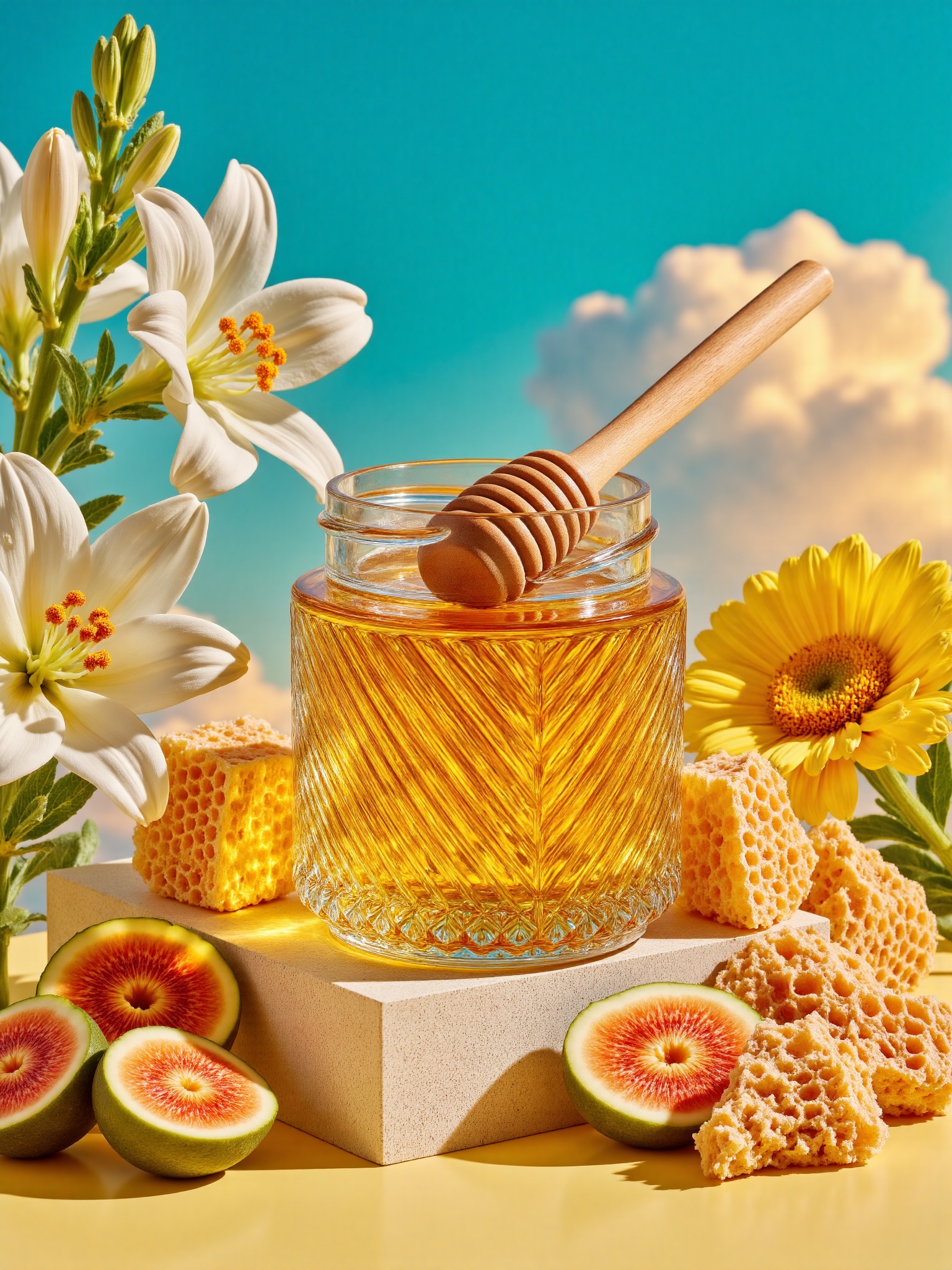 Product Shots,A vibrant photograph showcasing a glass jar of golden honey with a honeycomb,surrounded by fresh white lilies,yellow daisies,and honeycomb pieces on a yellow surface. A wooden honey dipper rests on the jar. The background features a bright blue sky with fluffy clouds,enhancing the fresh,natural aesthetic.,