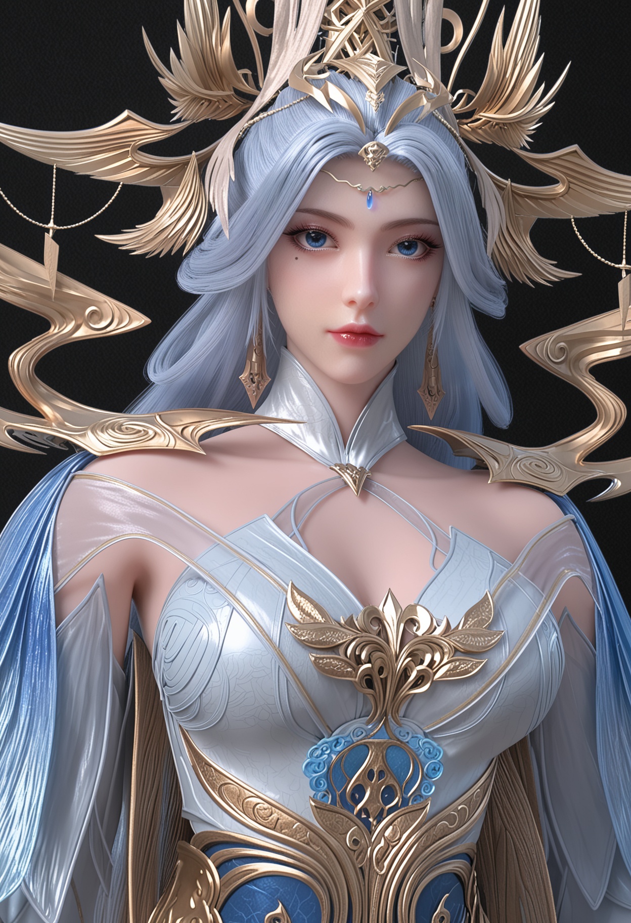 (looking_at_viewer:1.2),upper_body,(gigantic breasts:0.8),(slender:1.2),facing viewer,<lora:YQ_pony_ningyudie_V4:0.8>,1girl,q1528437228,solo,long hair,hair ornament,jewelry,blue eyes,dress,earrings,blue hair,mole under eye,grey hair,white hair,detached sleeves,footwear,(simple background,pure black background,black background:1.1),perfect_anatomy,