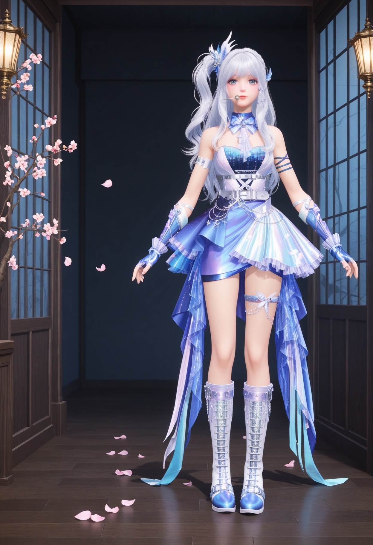 (full_body:1.2),(looking at viewer:1.1),facing viewer,direct gaze,(masterpiece:1.1),(best quality:1.2),(intricate details),(smog:1.3),(Dark room:1.3),(dim lighting:1.3),peach blossom,falling petals,<lora:YQ_Illustrious光辉v5_暖暖23_星屑小梦曲_V1:0.8>,1girl,q1528437228,long hair,white hair,hair ornament,dress,fingerless gloves,boots,blue eyes,skirt,grey eyes,jewelry,one side up,belt,masterpiece,(best quality),(intricate details:0.9) BREAK (intricate details:0.9),(realistic skin:1.2),masterpiece,best quality,newest,absurdres,hiahres,
