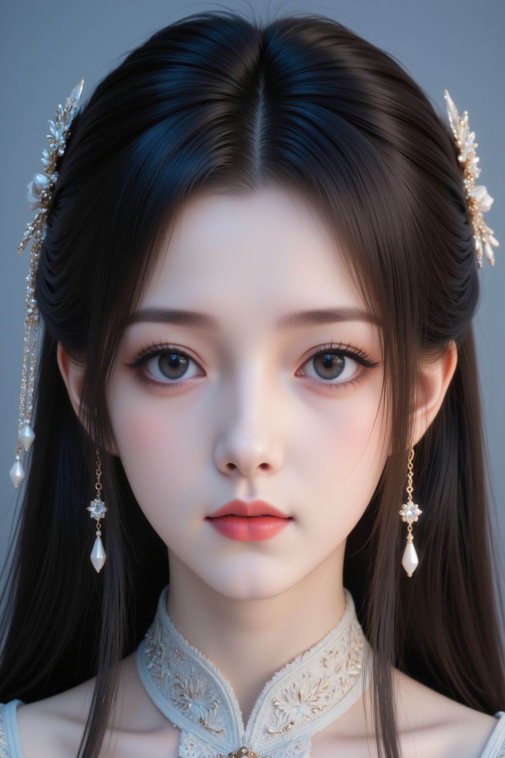 1girl, solo, earrings, jewelry, portrait, long hair, looking at viewer, black hair, hair ornament, closed mouth, expressionless, realistic, pointy ears, grey eyes, blue background, blue eyes, close-up, straight-on, lips, simple background, dress <lora:20251105A_AgainGirlF1Lora10:1>