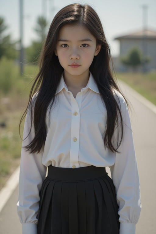 <lora:20251203_TinFlux1AgeSliderLora:-1>HDR photo of cinematic film still, girl, black long hair, shirt, skirt, full body, outdoors,