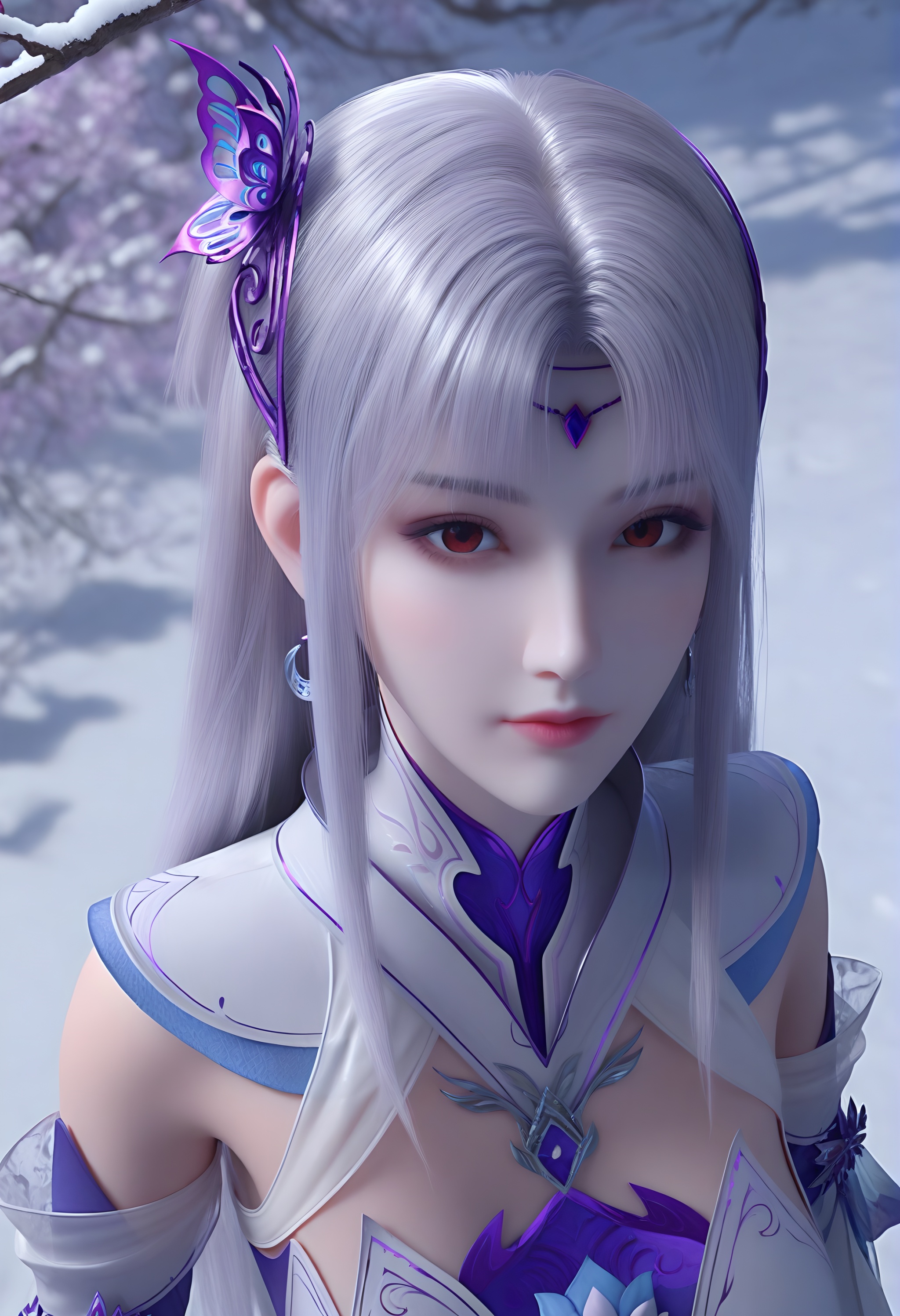 (score_9),<lora:小医仙白-apony:0.83>,xiaoyixian,solo,1girl,hair ornament,long hair,silver hair,headpiece,butterfly hair ornament,crescent earrings,detached collar,chest jewel,dress,detached sleeves,jewelry,<lora:Expressive_H-000001:0.8>,light blush,looking at viewer,red eyes,from above,salute,one side up,(mature_female:1.2),collarbone,pointy breasts,puffy breasts,(large teardrop breasts),<lora:e肤色滑块:0.5>,fair_skin,(pale_skin),(white_skin),<lora:e色温:0.35>,light skin,ultra-detailed skin texture,detailed textures,BREAKsimple background,in snow,Tyndall effect,available light,depth of field,tree,snowflakes,branch,twig,4K ultra HD,sharp focus,high detail,natural lighting,high contrast,