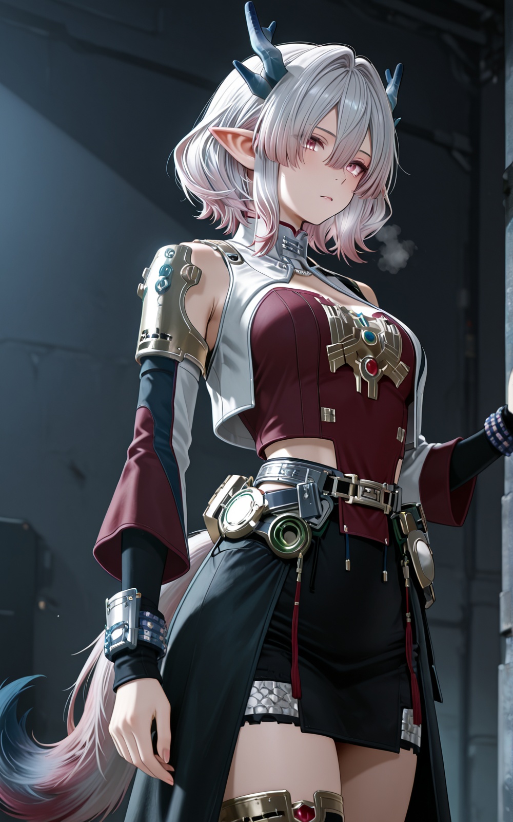 dragon horns + gradient fox tail,  silver-pink short hair,  pink eyes on Tensor.Art
