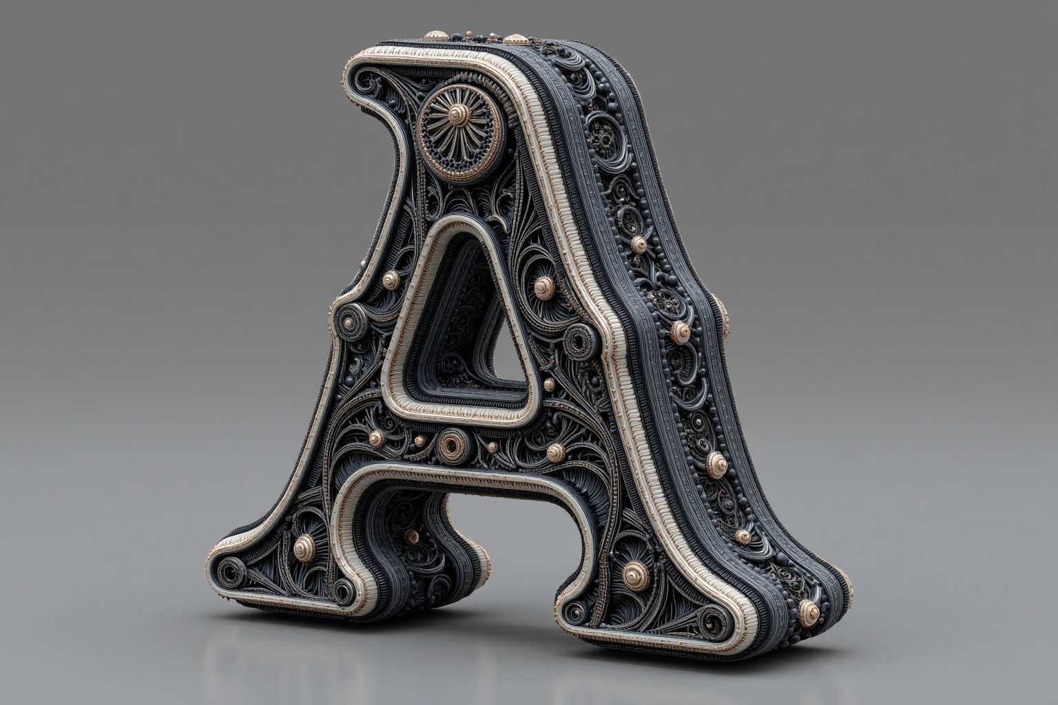 beijihui,Taken from a low angle on a gray background,the 3D letter "A" black and white sculpture decorates the complex design. Composed of black,white,and gold swirls,it adds a touch of color to the originally monochrome sculpture. The arrangement of the sculpture contrasts sharply with the gray background.,