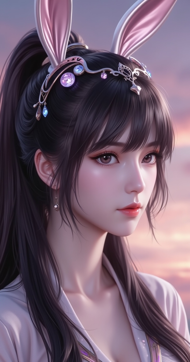 <lora:小舞·泛化版·5:1>,xiaowu,animal ears,rabbit ears,hair ornament,ponytail,long hair,black hair,closed mouth,bangs,cover,gradient background,close-up details,outstanding style,adding a touch of dimension to your images without compromising details,close-up,<lora:DJ滤镜_2.5D版:0.3>,lvjing,<lora:油画唯美滤镜15:0.2>,baoshi,chair,