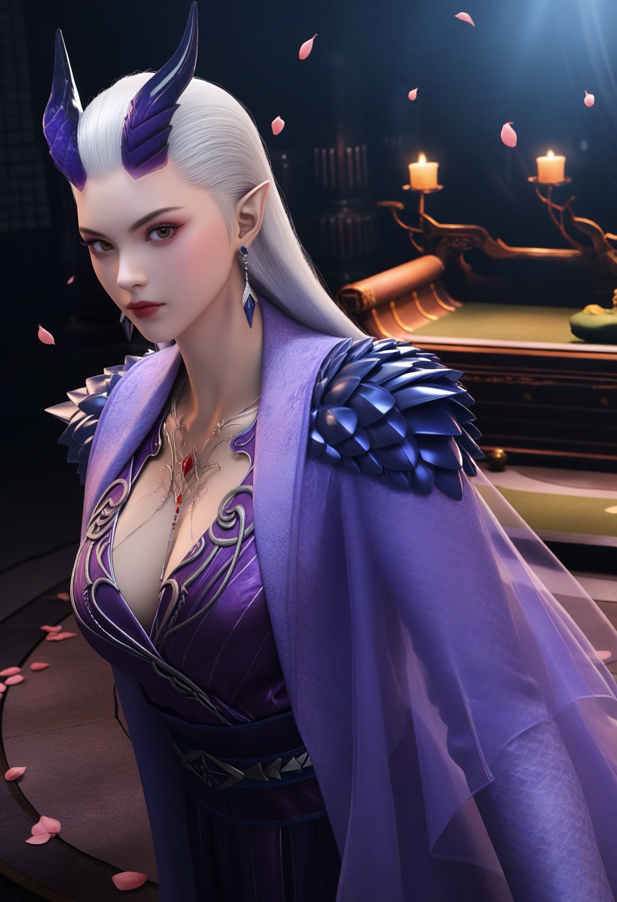 masterpiece,best quality,amazing quality,very aesthetic,high resolution,ultra-detailed,absurdres,scenery,photorealistic,(looking at viewer:1.1),upper body,(Dark room:1.3),(moody lighting:1.1),peach blossom,falling petals,(large breasts:0.8),monasuo,1girl,solo,white hair,long hair,jewelry,horns,earrings,pointy ears,necklace,closed mouth,dress,makeup,purple dress,long dress,long sleeves,red lips,brown eyes,barefoot BREAK photorealistic details,<lora:QQSillmonasuoV1:0.8>,