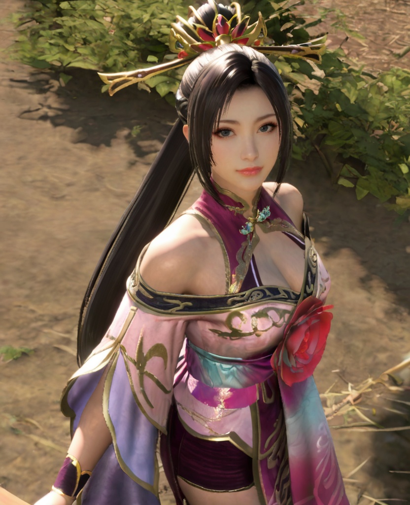 1girl, hair ornament, long hair, black hair, bare shoulders, looking at viewer, chinese clothes, dress, cleavage, hair stick, closed mouth, jewelry, holding, sash, standing, solo focus, off shoulder, ponytail, lips, clothing cutout,<lora:diaochan_8:0.7>,