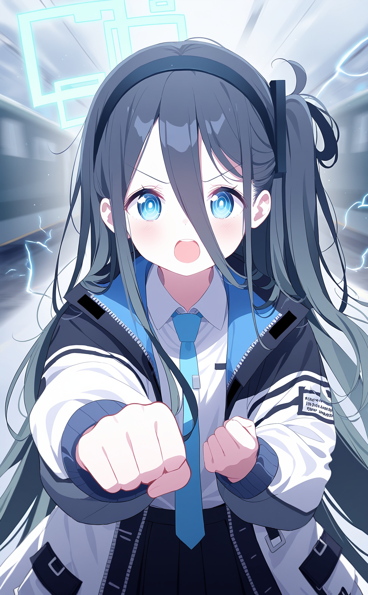 masterpiece,very aware,(highres),absurdres,newest,best quality,high quality,loli,petite,chromatic_aberration,dynamic_angle,cinematic_angle,//,1girl,aris_\(blue_archive\),blue_eyes,solo,jacket,open_mouth,long_hair,black_hair,incoming_attack,ringed_eyes,blue_theme,long_sleeves,clenched_hand,forehead,electricity,white_jacket,hairband,v-shaped_eyebrows,train,upper_teeth_only,looking_at_viewer,black_hairband,one_side_up,teeth,upper_body,//,//,artist:deyui,artist:doremi_(doremi4704),artist:mx2j,artist:yutokamizu,artist:child_(isoliya),//,//,<lora:BA02:0.85>,