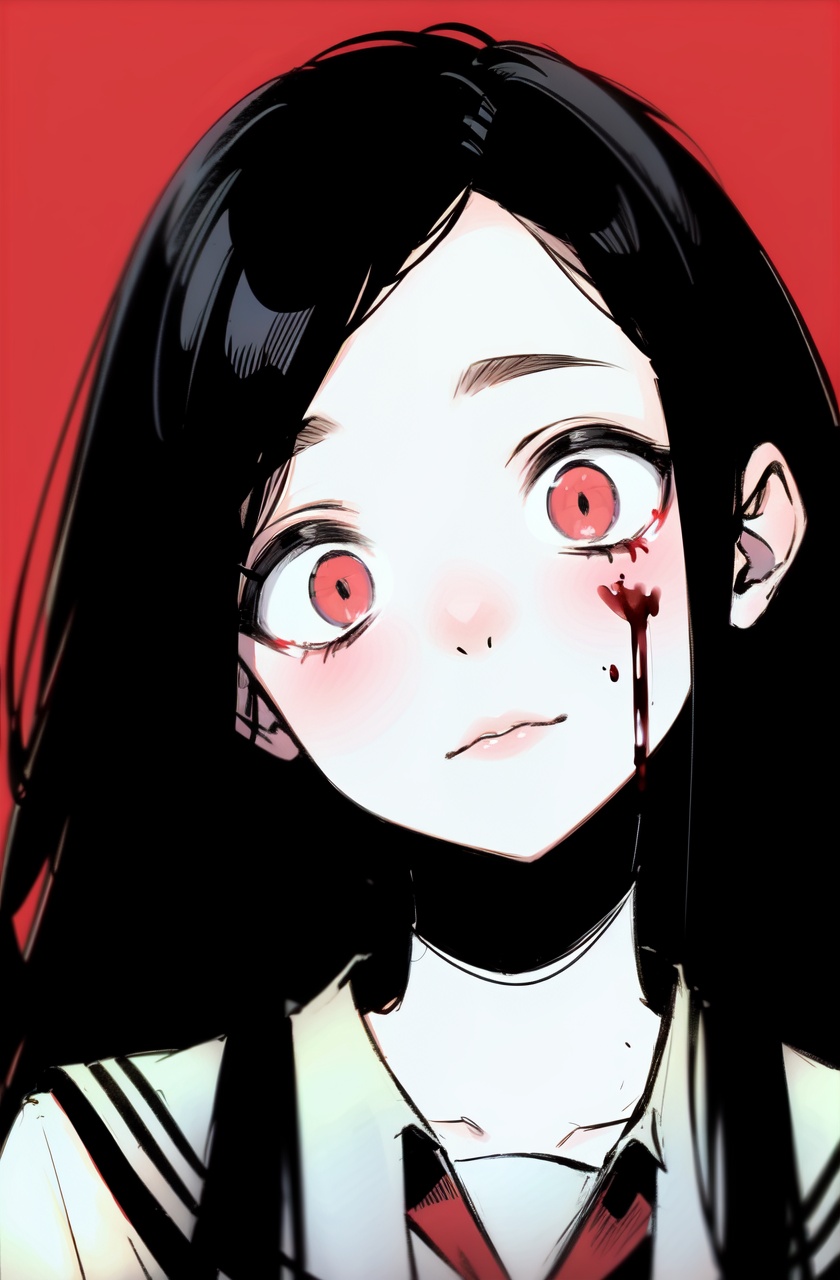 masterpiece,best quality,(absurdres,:1.4),1girl,long hair,black hair,red eyes,school uniform,closed mouth,Weird smile,(wide-eyed:1.2),head tilt,blood on face,blood splatter,parted lips,pov,simple background,
