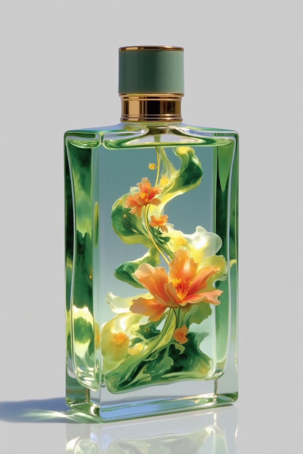 beijihui,a vibrant green glass cologne bottle is adorned with a gold-colored cap. The cologne is a vibrant shade of green, with a wavy design of yellow and orange flowers in the center of the bottle. The bottle's cap is a dull green, and the cologne's reflection is visible in the bottom left corner of the frame. The background is a light gray, adding a pop of color to the scene.
