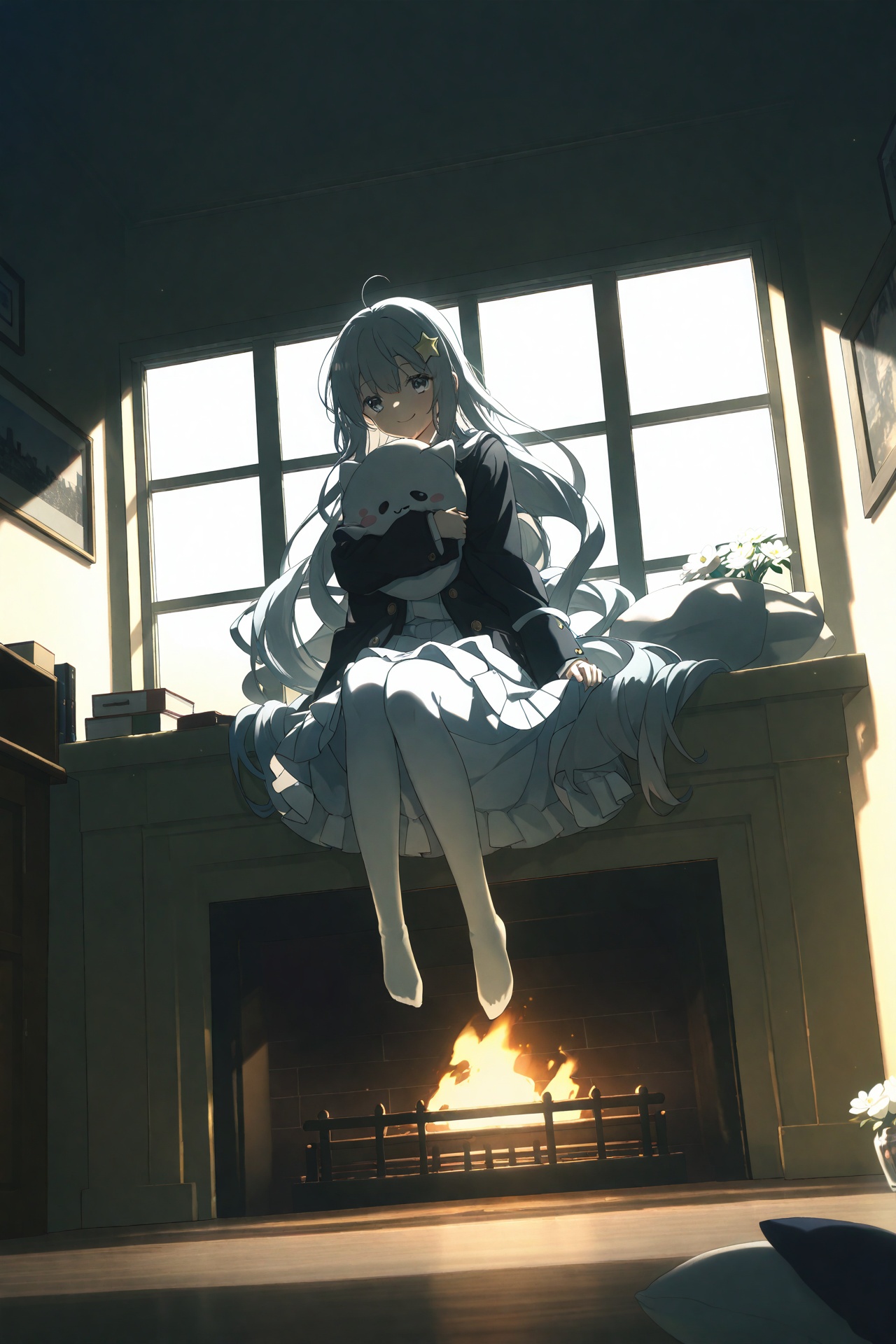 (1girl:0.6),thin,very long hair,grey hair,deep grey hair end,grey eyes,(detailed eyes),small breasts,(black coat),white lining,white skirt,socks,shoes,closed mouth,(happy),smile,star hairpin,Bow head,sitting in bed,hugging Pillow,{white flower},cityscape in window,pantyhose,fireplace,(dark night),masterpiece,best quality,official art,extremely detailed CG unity 8k wallpaper,cozy anime,backlight,(wide shot:0.95),Dynamic angle,fanxing,(full body),cozy anime,