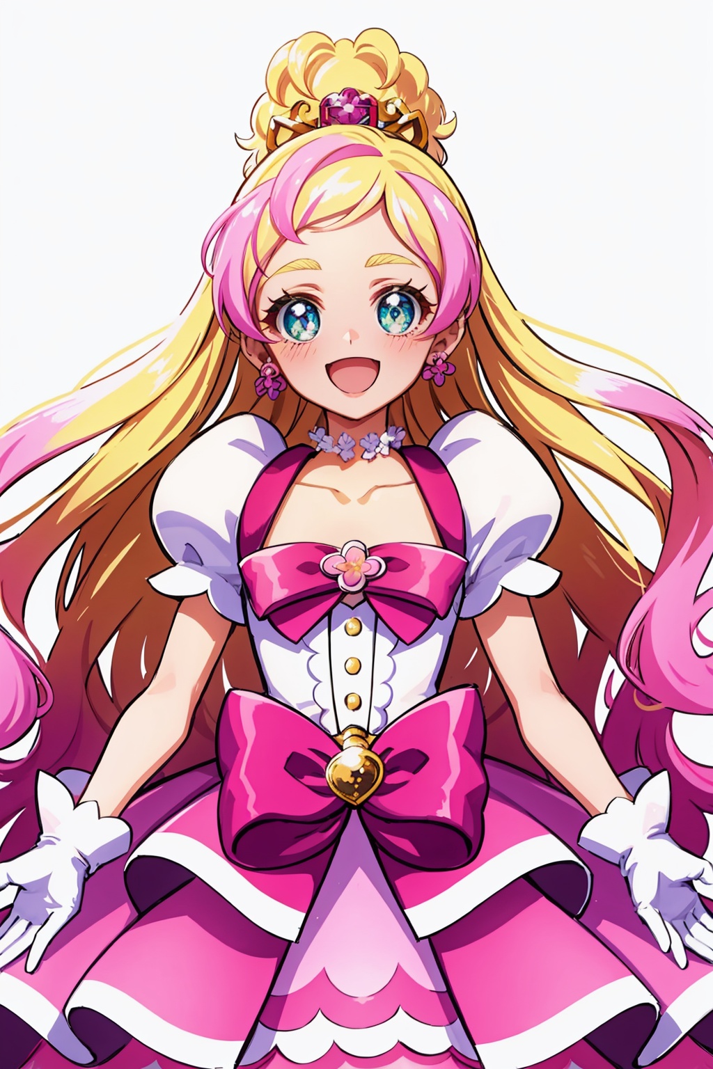 masterpiece,best quality, highly detailed, cure flora,1girl,solo,magical girl,white gloves,waist bow,flower earrings,pink skirt,pink bow,choker,puffy sleeves,looking at viewer,open mouth,:d<lora:cure_flora:1>,simple background,white background