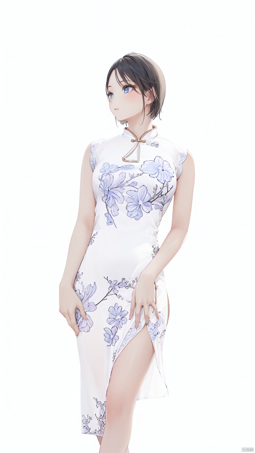 1girl, solo, short hair, black hair, white background, Blue eyes, white dress,chinese clothes, china dress, side slit, Medium breast,Cheongsam,——Clear hand contour,Hand intact,Five fingers of the hand are clear, loli, ((poakl))