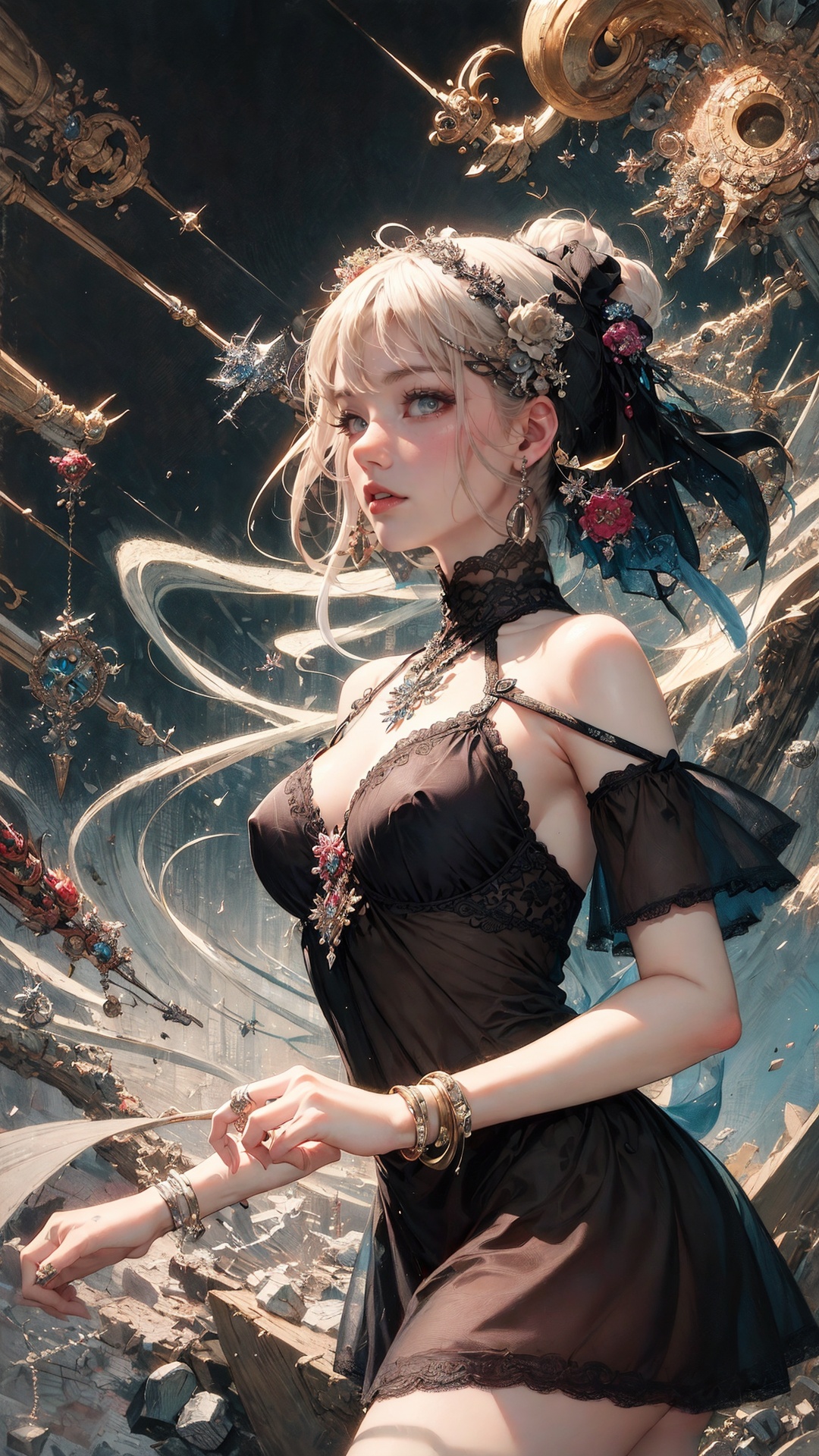 tutututu, breasts, medium breasts, see-through, underwear, lingerie, skirt,official art, unity 8k wallpaper, ultra detailed, beautiful and aesthetic, masterpiece, best quality, (zentangle, mandala, tangle, entangle), (fractal art:1.3) , 1girl, extremely detailed, dynamic angle, cowboyshot, the most beautiful form of chaos, elegant, a brutalist designed, vivid colours, romanticism, by james jean, roby dwi antono, ross tran, francis bacon, michal mraz, adrian ghenie, petra cortright, gerhard richter, takato yamamoto, ashley wood, atmospheric, ecstasy of musical notes, streaming musical notes visible, <lora:tutucs_v1:0.8>
