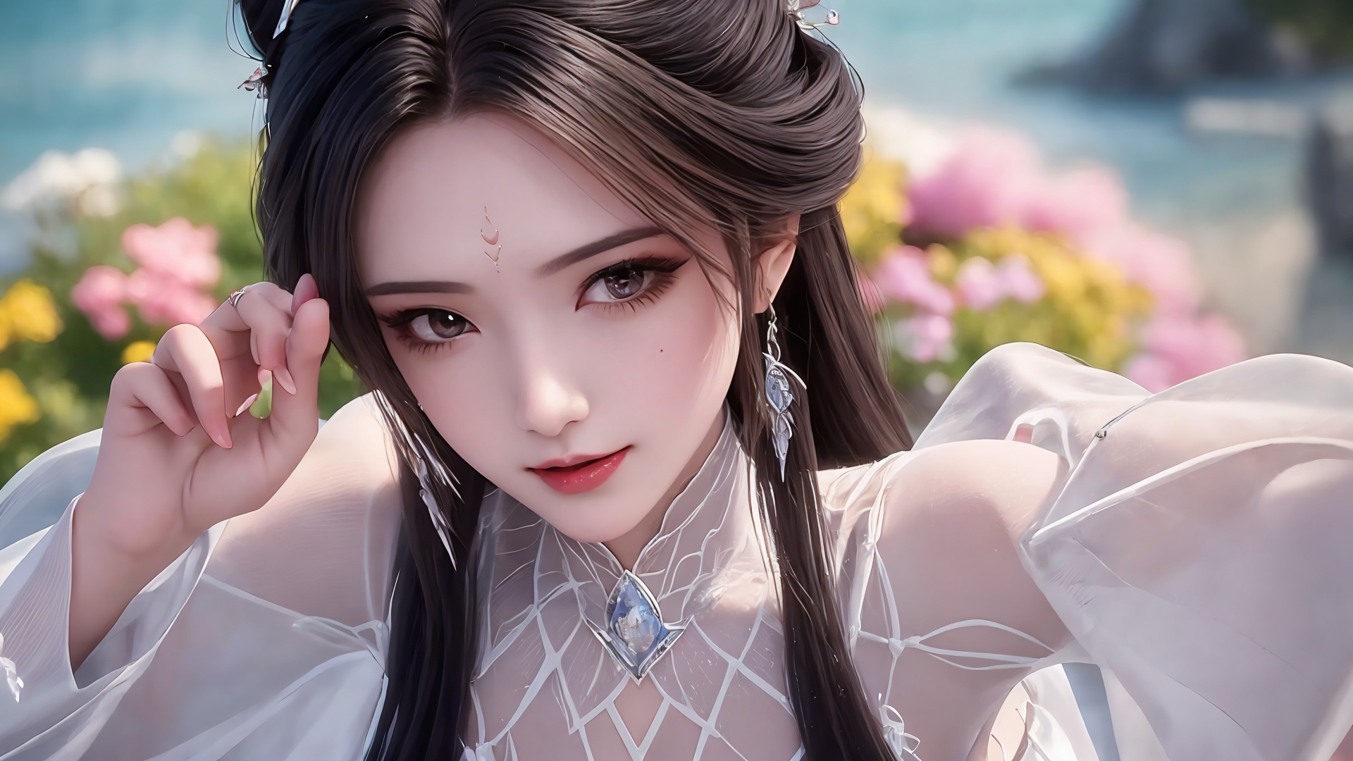 1girl,hair ornament,long hair,forehead mark,solo,black hair,facial mark,upper body,index finger raised,dress,looking at viewer,jewelry,white dress,hair bun,blurry background,<lora:girl solo luxueqi_20240911015355:0.7>,<lora:【面部细节优化】拒绝一眼Ai暖白美颜滤镜-冷白皮美颜去油腻_v1.0:0.6>,