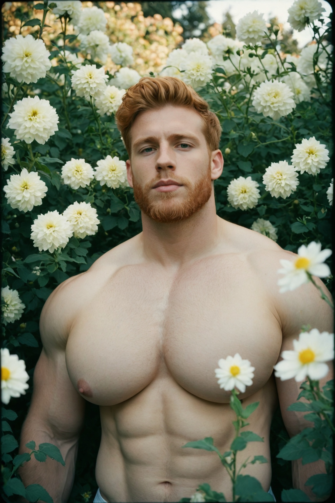 a handsome muscular irish man engulfed by white flowers,  beard,  ginger hair on Tensor.Art