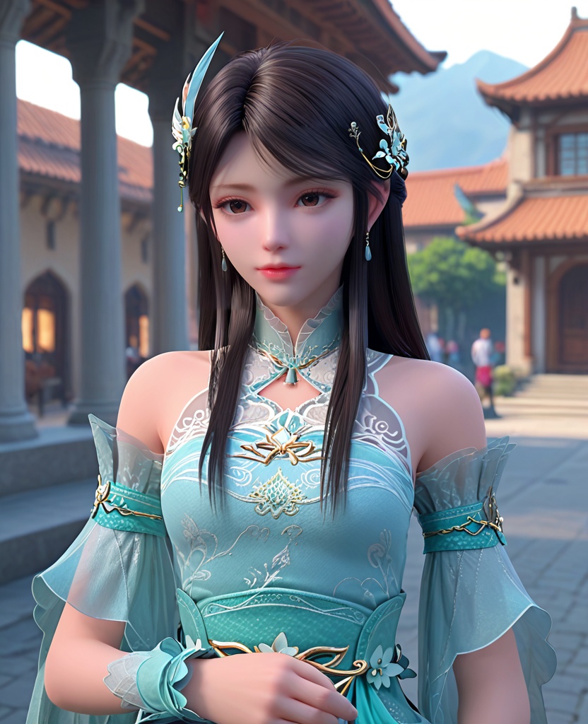 (oriental architecture, elegant decor, sophisticated style:1.1),(Turning her head slightly, eyes gazing through lowered lashes, she radiates a smoldering intensity:1.1),(breasts:1.2),<lora:XL斗破苍穹箫薰儿绿衣:0.95>,miss xuner,aqua dress,see-through fart curtain with white petticoat underneath,brown eyes,black hair,long hair,sash,hair ornament,detached see-through sleeves,earrings,jewelry,bare shoulders,wrist cuffs,, score_9,score_8_up,score_7_up,score_6_up,score_5_up,score_4_up,3d rendering,tag1,tag2, Cinematic Lighting,backlighting,