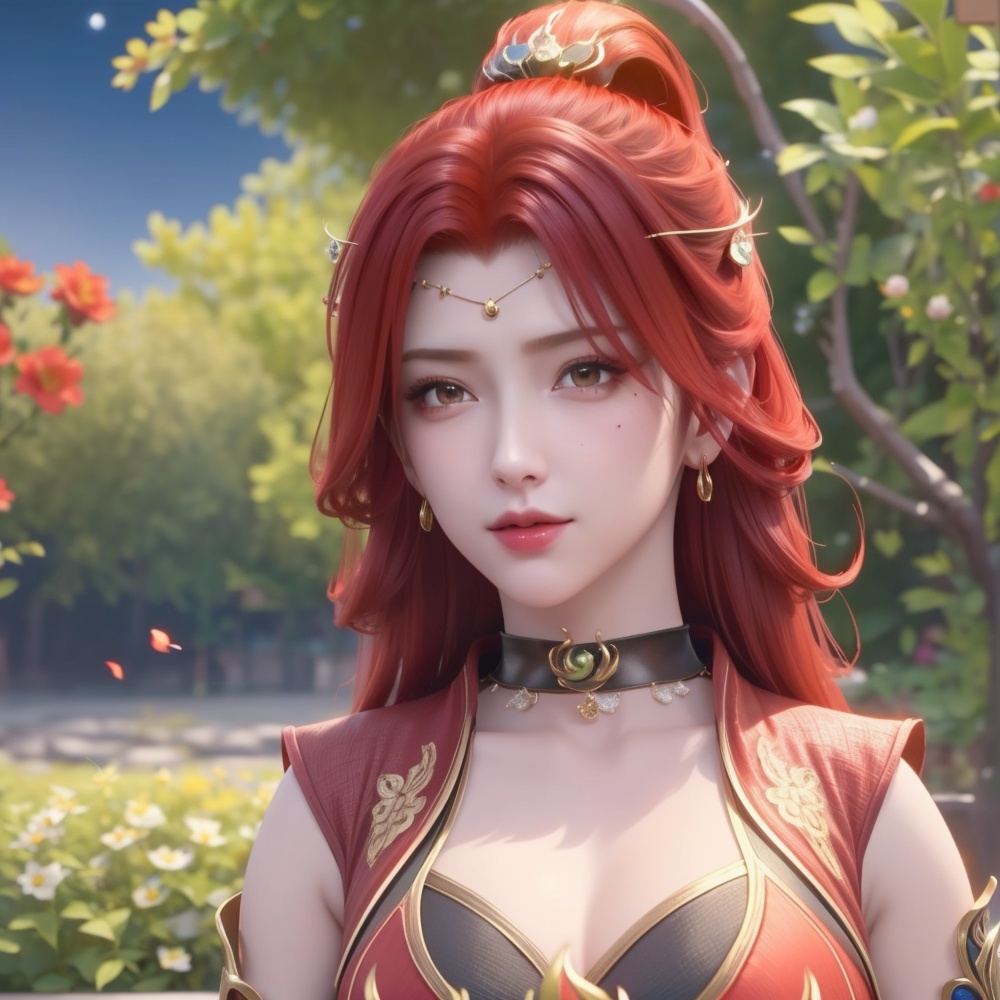 <lora:斗破苍穹-唐火儿:0.8>,red hair,  (,1girl, ,best quality, ),looking at viewer,  ,,ultra detailed background,ultra detailed background,ultra realistic 8k cg, ,masterpiece, (( , )),, realistic,science fiction,mole, ultra realistic 8k cg, ,     ,crescent moon, jasmine \(flower\),     (cleavage), (),