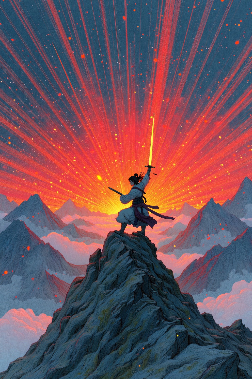 beijihui,a heroic woman lifting a legendary sword atop a mountain peak at dawn, beams of light scattering, powerful radiating lines, triumphant zen rise