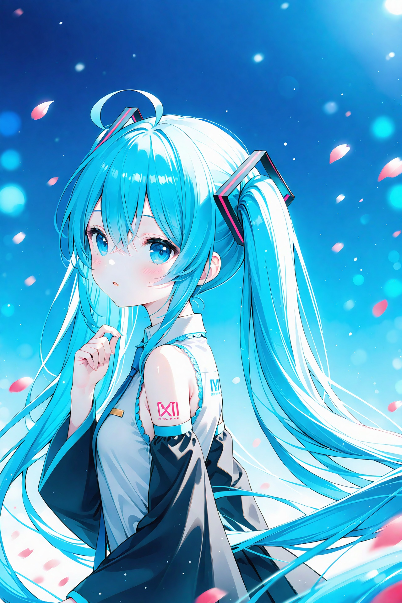 (masterpiece),(best quality),loli,1girl,solo,twintails,long hair,hatsune miku,detached sleeves,shirt,necktie,bangs,looking at viewer,sleeveless,sleeveless shirt,upper body,hair between eyes,blue eyes,blush,petals,very long hair,collared shirt,long sleeves,blue hair,bare shoulders,hair ornament,parted lips,black sleeves,blurry,looking to the side,wide sleeves,hand up,ahoge,from side,blurry background,tattoo,grey shirt,white shirt,blue necktie,