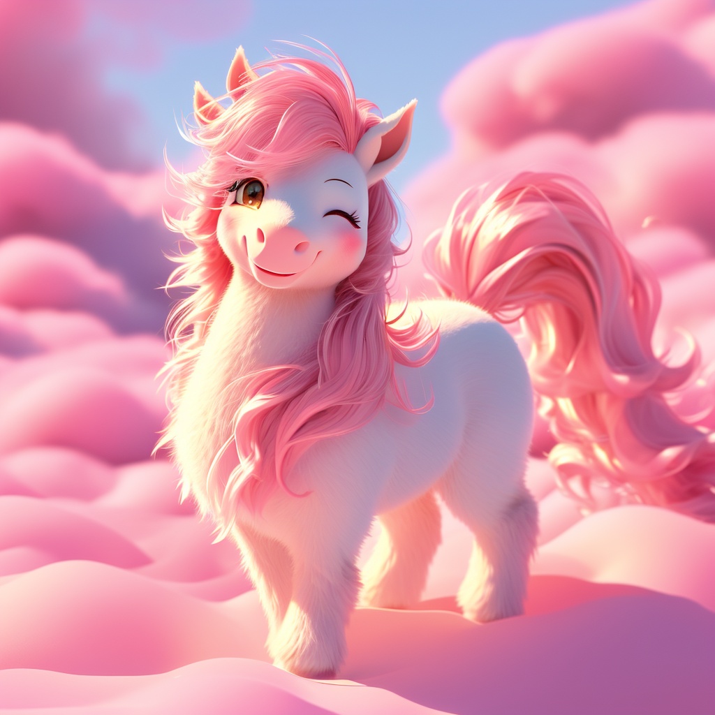 wuma, pony, whiskers, cute, cc-color-correction, mf-movie-filter, warm colors, whimsy and dramatic lighting, white fur, soft lighting, fluffy, pony focus, one eye closed, no humans, closed eyes, smile, closed mouth, blurry, outdoors, pink theme, blush, cloud, ;\), sky, pink hair, open mouth, full body, looking at viewer,<lora:wuma_v1:0.8>,