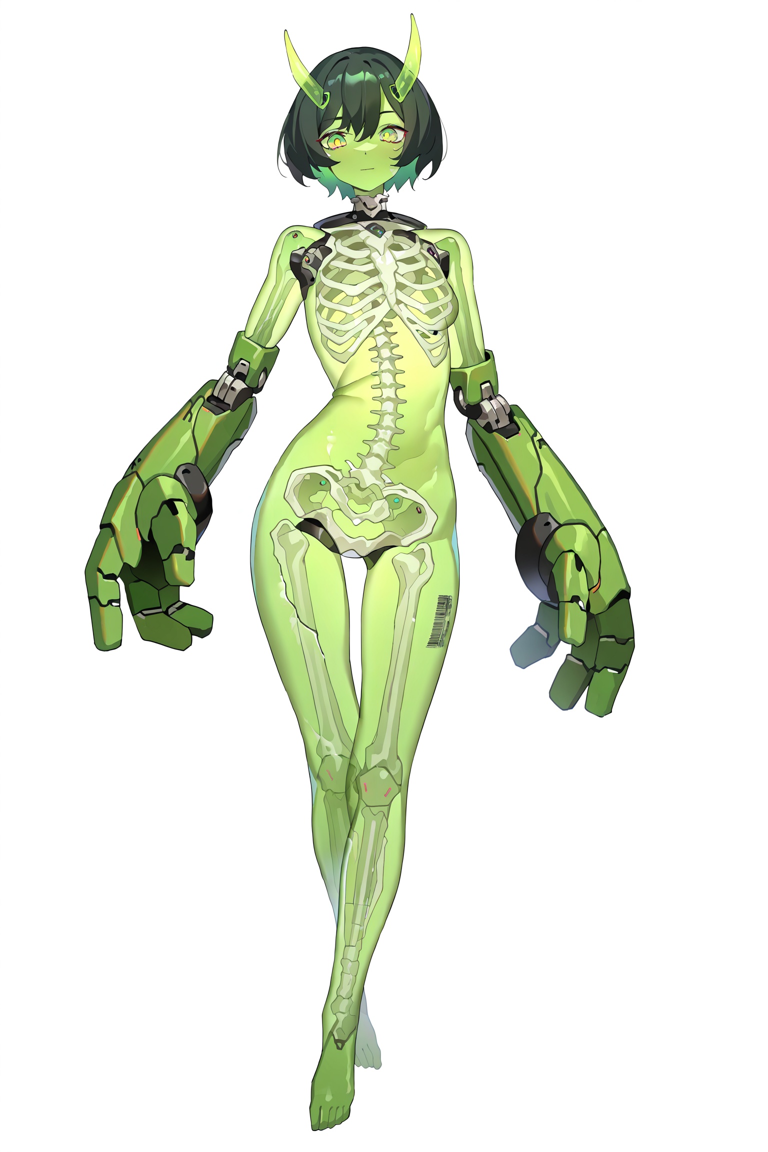 masterpiece,best quality,good quality,( transparent skin, perspective body, bones,see-through body:1.1),jijia,2d,anime,1girl,solo,green eyes,horns,short hair,mechanical parts,green hair,colored skin,full body,spine,black hair,looking at viewer,barcode,grey background,breasts,oversized limbs,simple background,green skin,android,mechanical arms,cyborg,a picture of a woman in a green body suit,a lady in green and white is posed to be some sort of machine,<lora:jijia-gnoobv-Tanger-000010:0.8>,