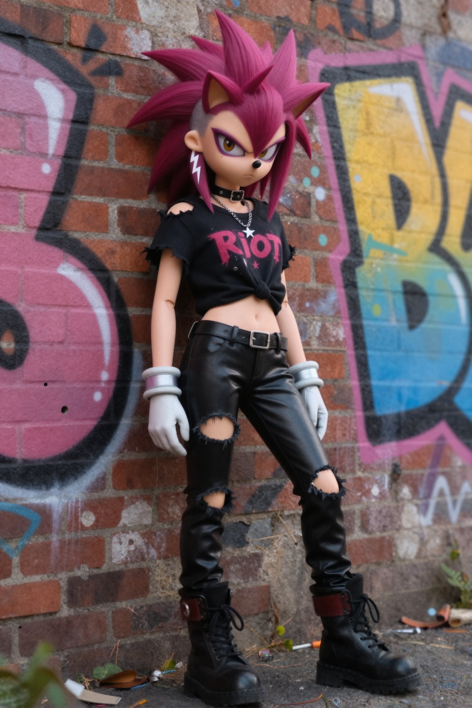 A punk-rock and rebellious anime character,  Riot,  the Sonic Rebel. Her hair is a spiky on Tensor.Art