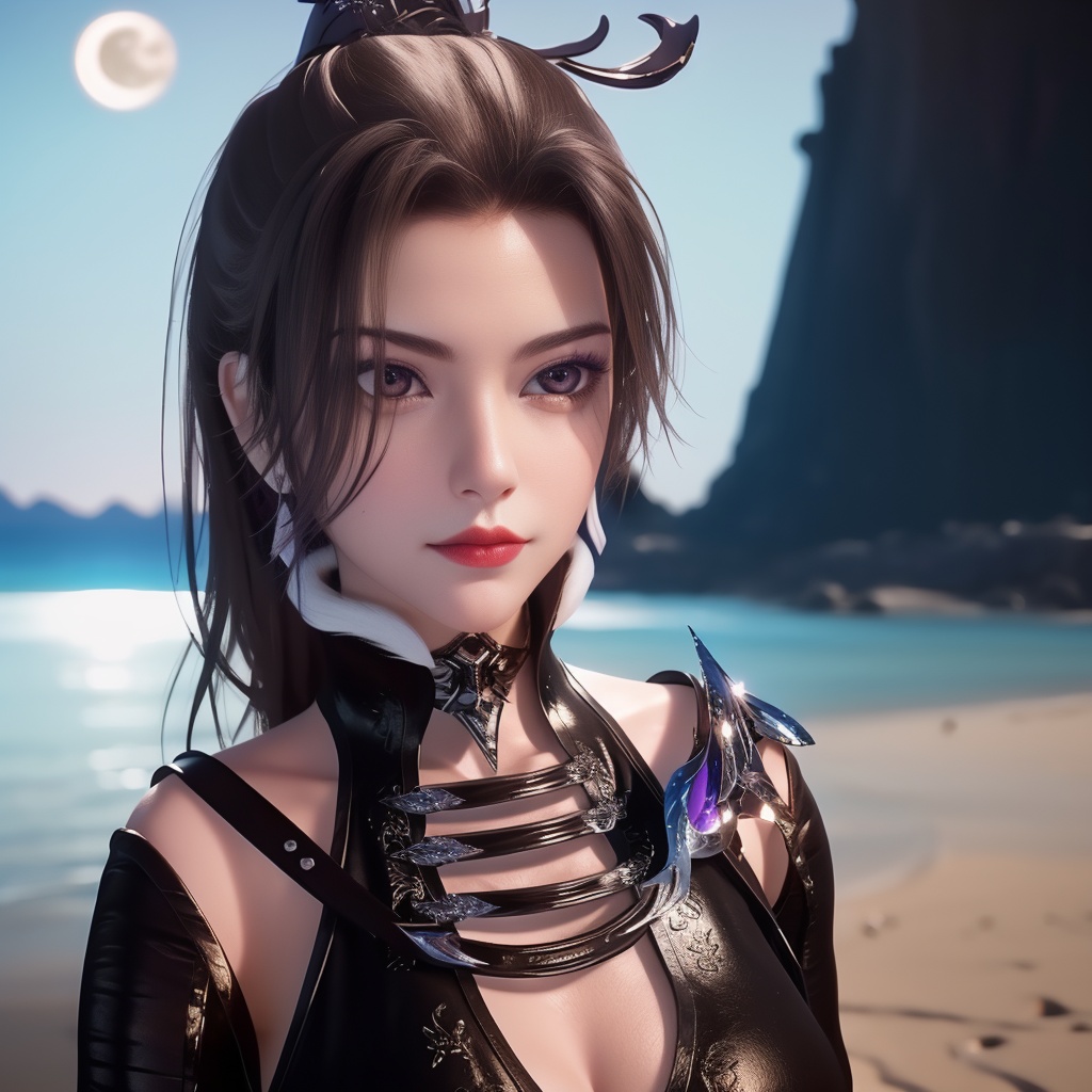 <lora:万界至尊-李雪衣-皮衣:0.8>, (,1girl, ,best quality, ),looking at viewer,  ,,ultra realistic 8k cg, ,masterpiece, (( , )),, realistic,science fiction,mole, ,     ,crescent moon, jasmine \(flower\),     (cleavage),,  (),