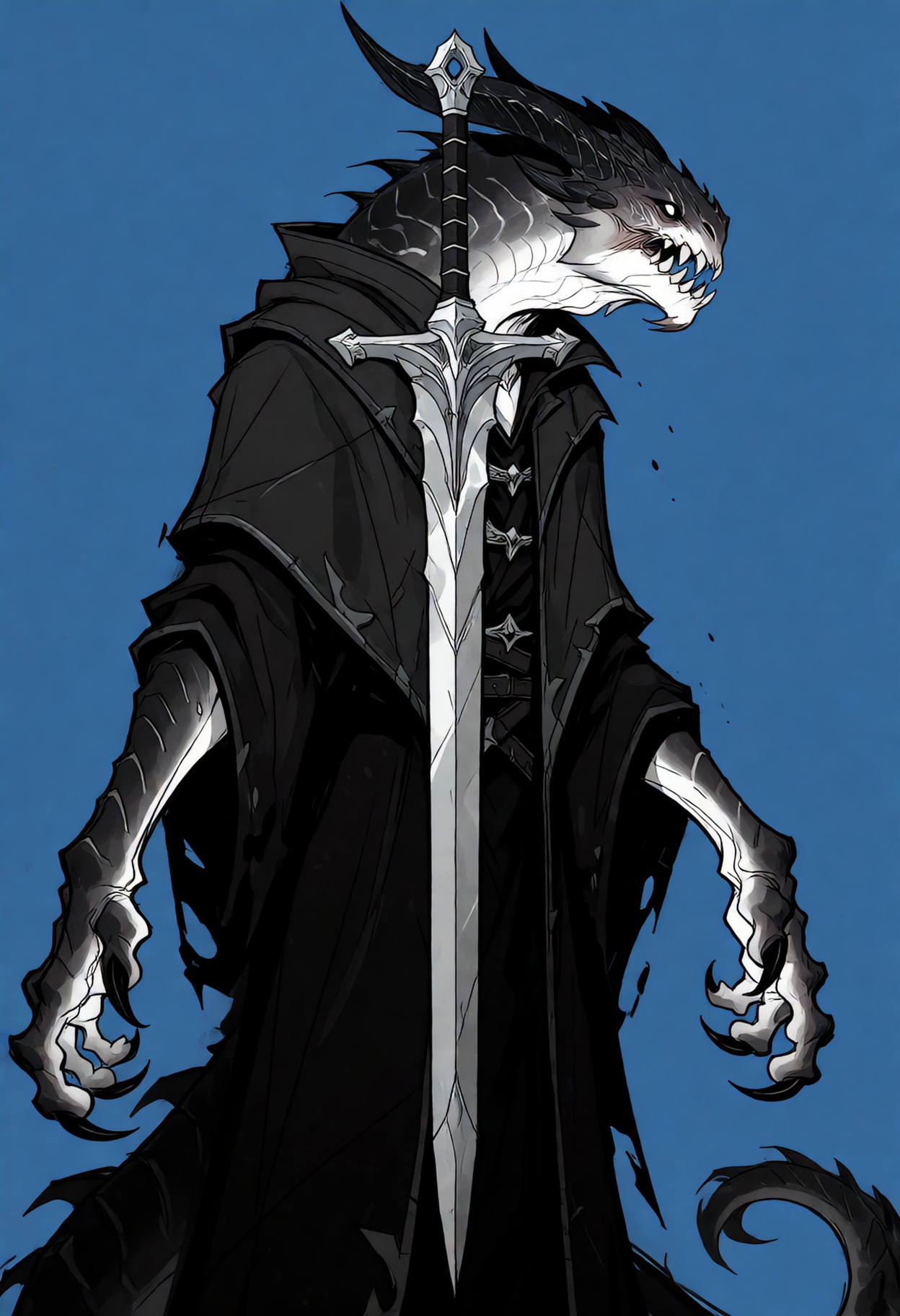 Dragon Age Tarot style.,  The image is a digital illustration of a mythical creature with a long,  pointed sword. The crea...